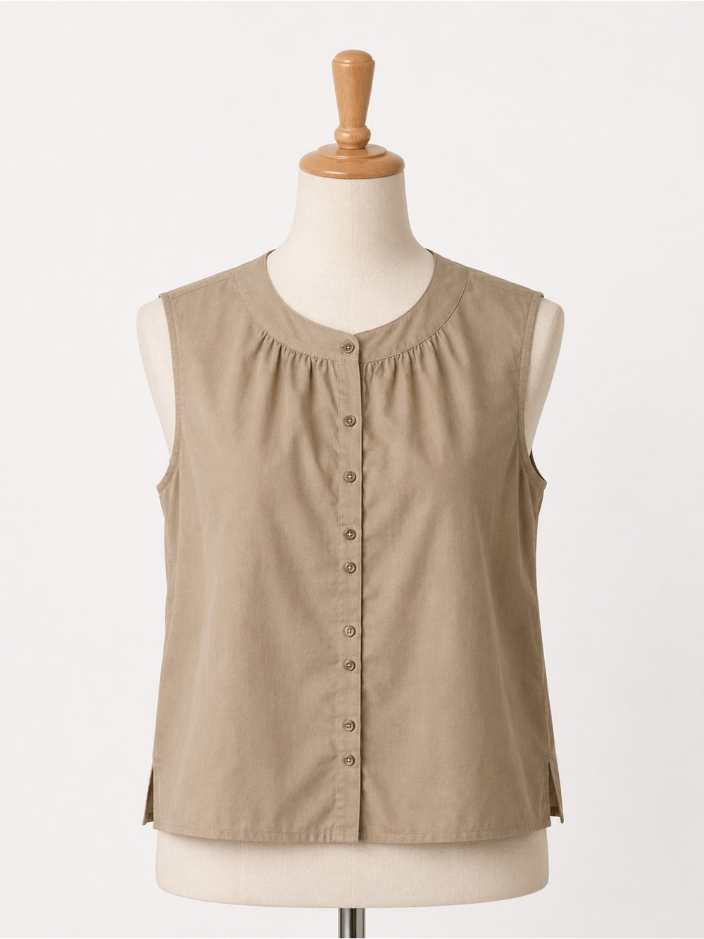 Tribal Sleeveless Button-Front 100% Cotton Blouse Taupe Round Neck NWT Size L